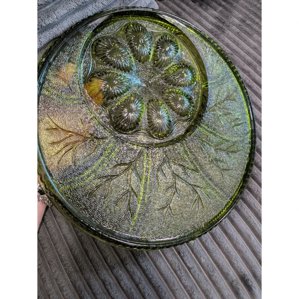Mid Century Indiana Glass Olive Green Pebble Leaf Deviled Egg Serving Dish